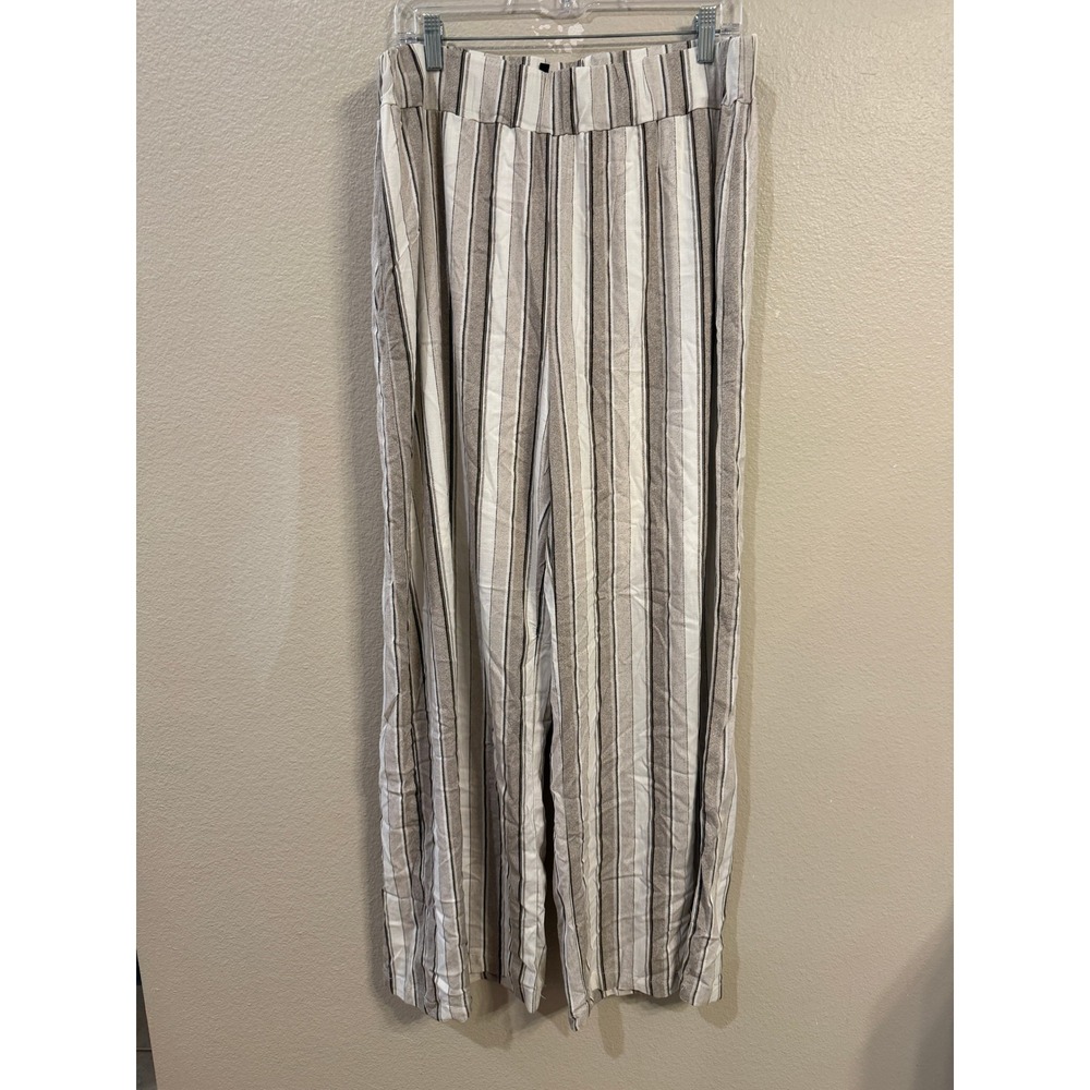 New Directions Curvy Womens 1X Striped Wide Leg Pants Tan White Black Neutral
